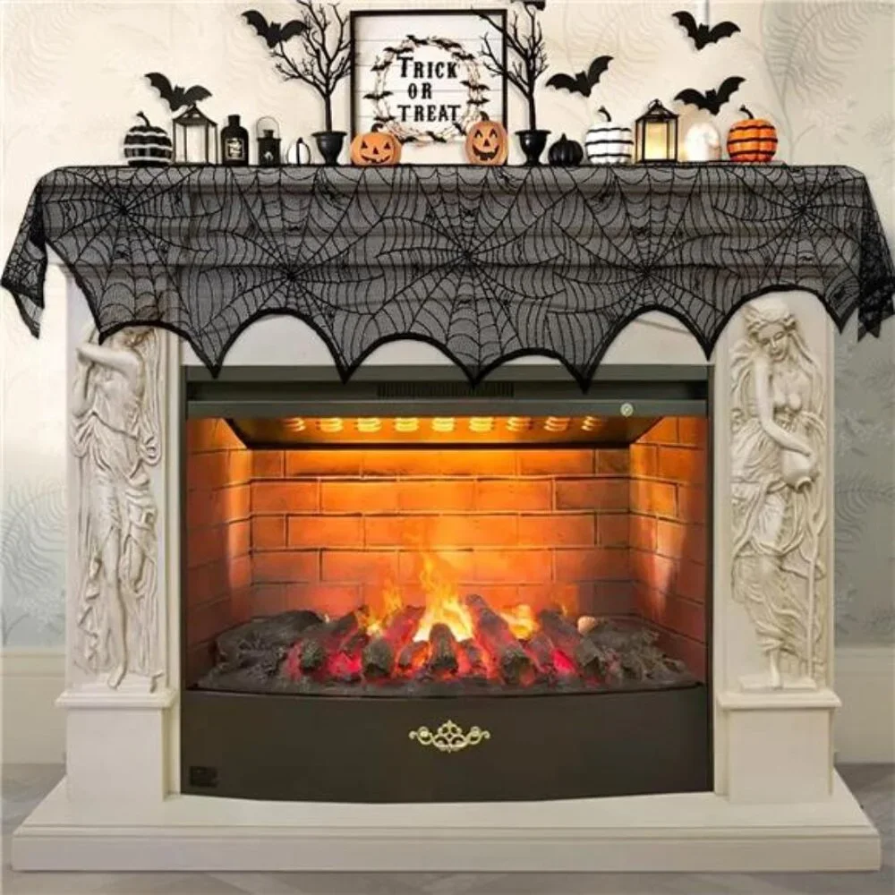 Black Lace Spiderweb Mantle Scarf - Halloween Fireplace‎ Cover, 45 x 243cm
